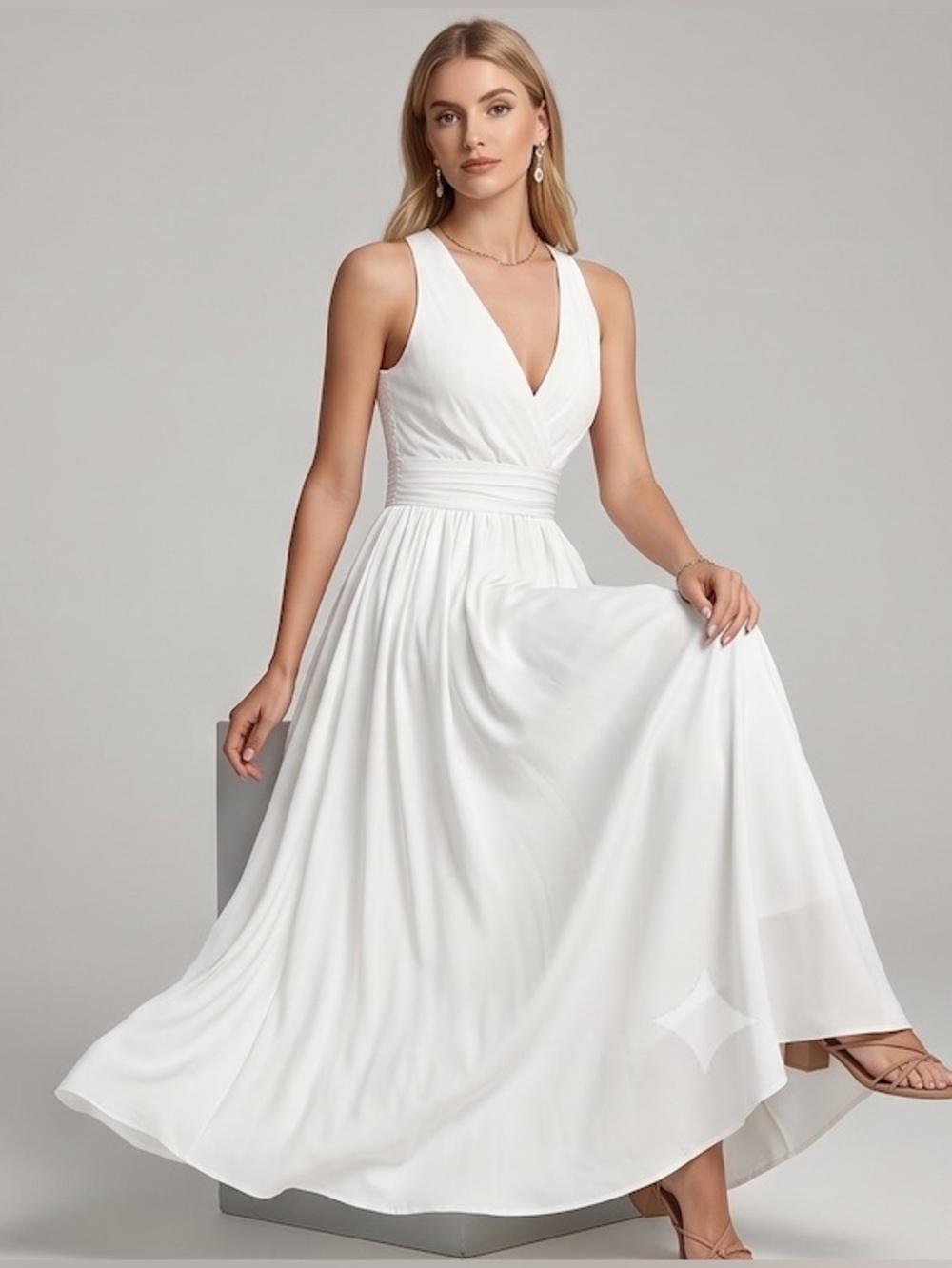 White V-Neck Smocked Back Maxi Dress - Picture 3 of 5